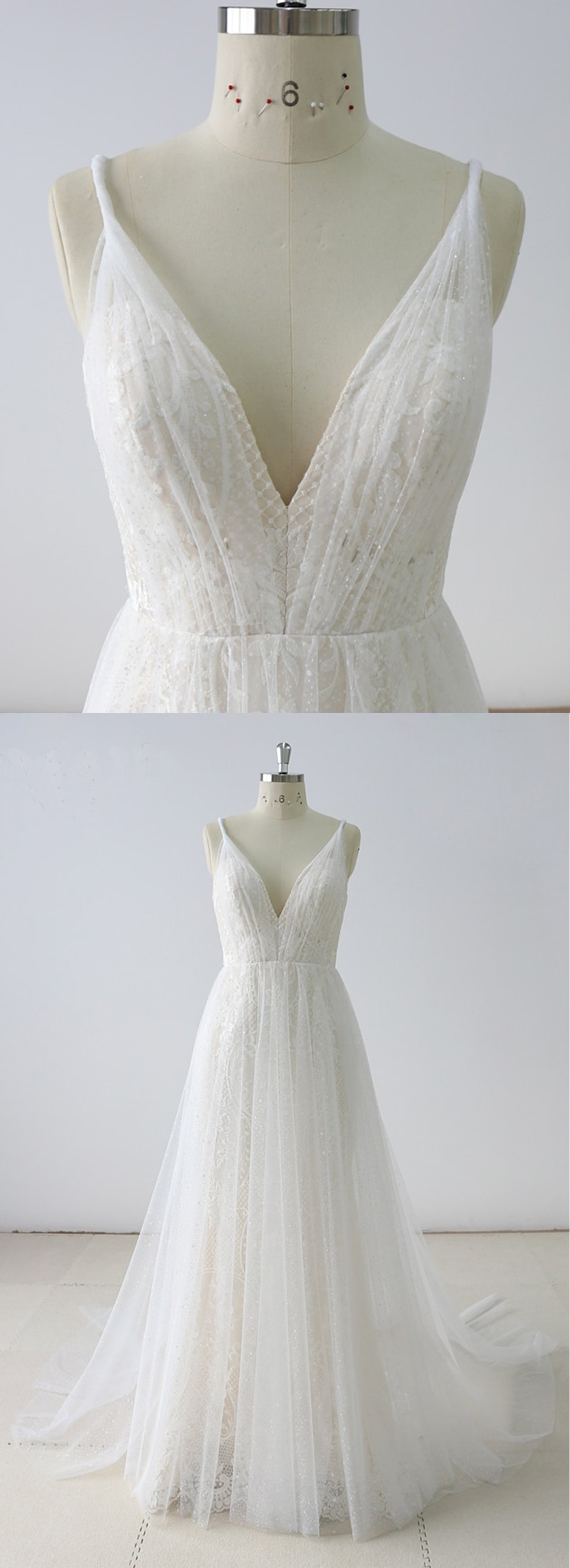 A-line V-neck Halter-neck Sleeveless Floor-length Tulle Bridal Attire With Lace 3