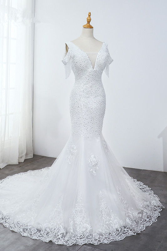 Mermaid V-neck Sleeveless Floor-length Tulle Wedding Dress With Beading 3