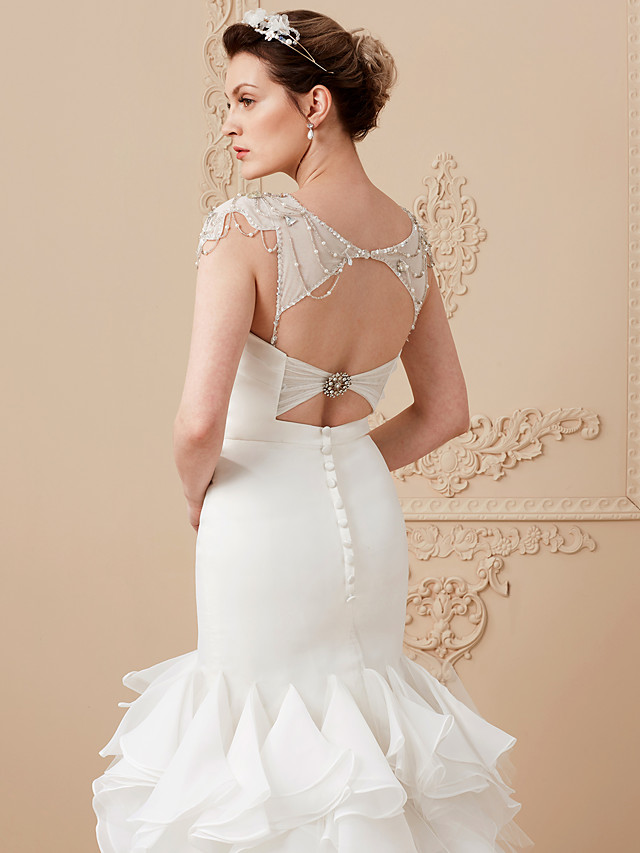 Mermaid Sweetheart Neck Cap Sleeves Sweep / Brush Train Organza Bridal Dress With Buttons 17