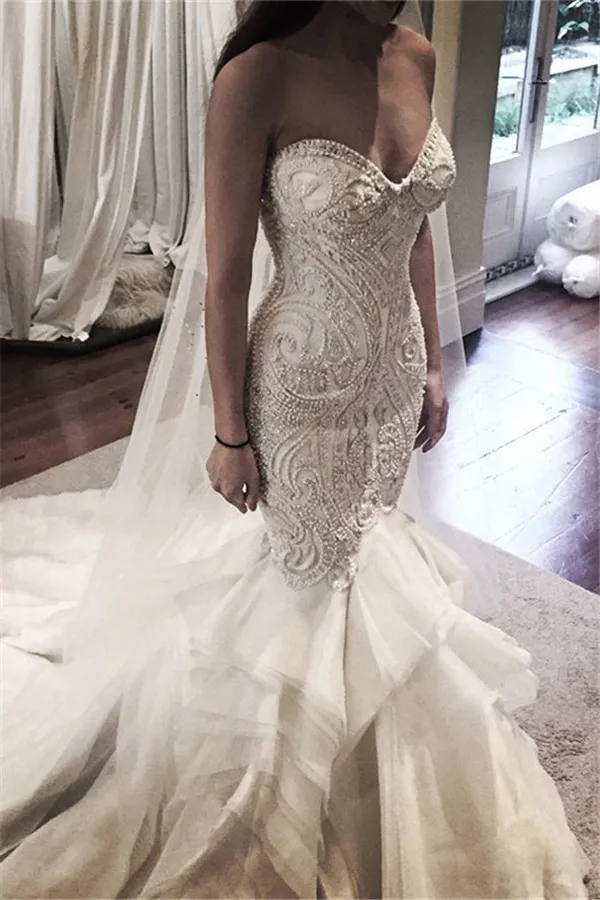 Mermaid Sweetheart Neck Sleeveless Court Train Tulle Wedding Gown With Crystal 1