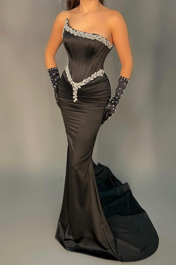 Mermaid Strapless Sleeveless Floor-length Stretch Satin Evening Gown With Beading 2