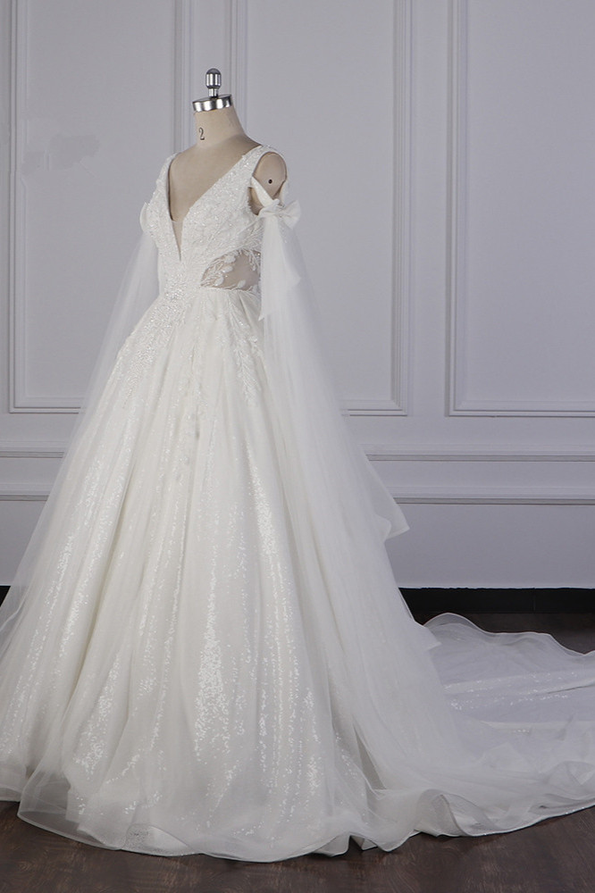Ball Gown V-neck Sleeveless Floor-length Tulle Wedding Dress With Lace 3