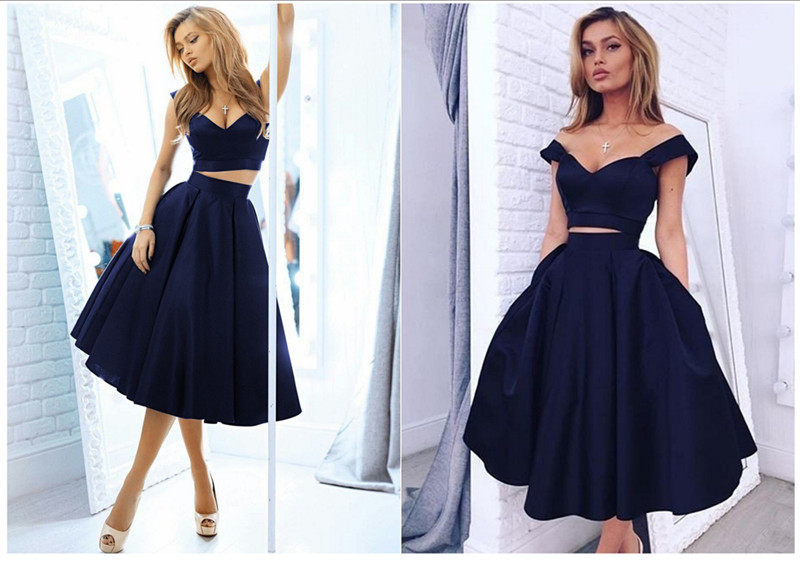 A-line Off-the-shoulder Sleeveless Tea-length Homecoming Gown 2