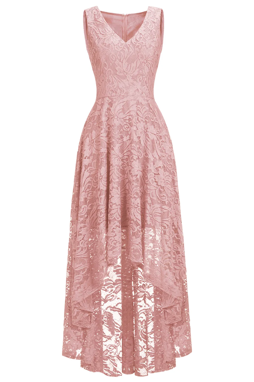 A-line V-neck Sleeveless Hi-Lo Lace Bridesmaid Dress With Ribbons 3