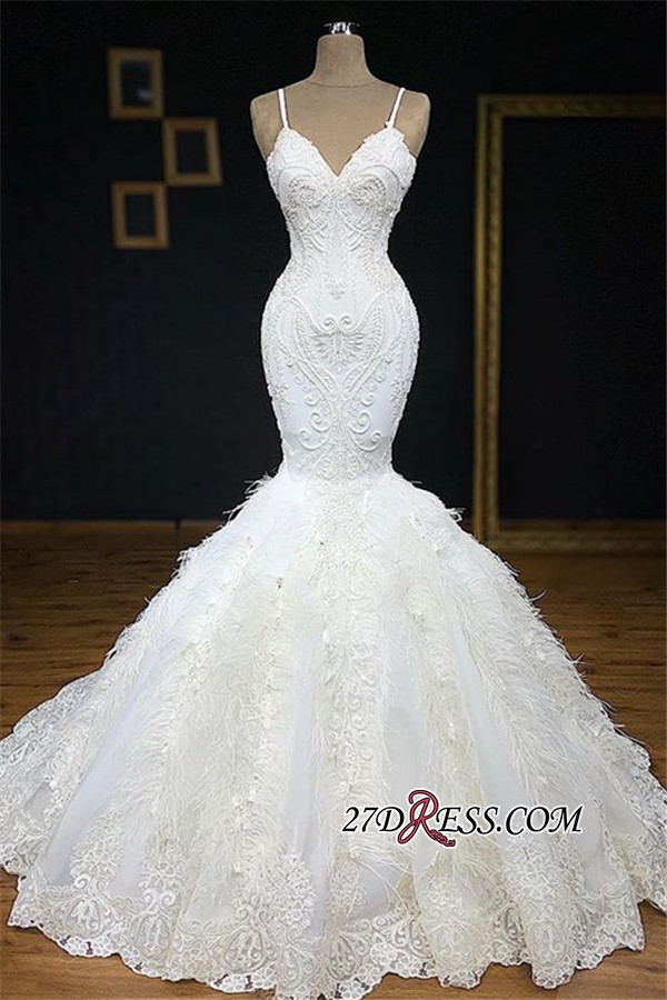 Mermaid Spaghetti Straps Sleeveless Sweep / Brush Train Wedding Gown With Appliques 3