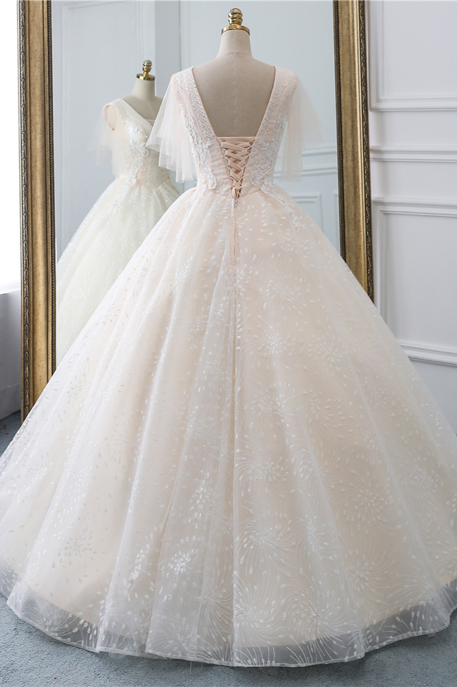Ball Gown V-neck Short Sleeves Floor-length Tulle Bridal Dress With Appliques 2