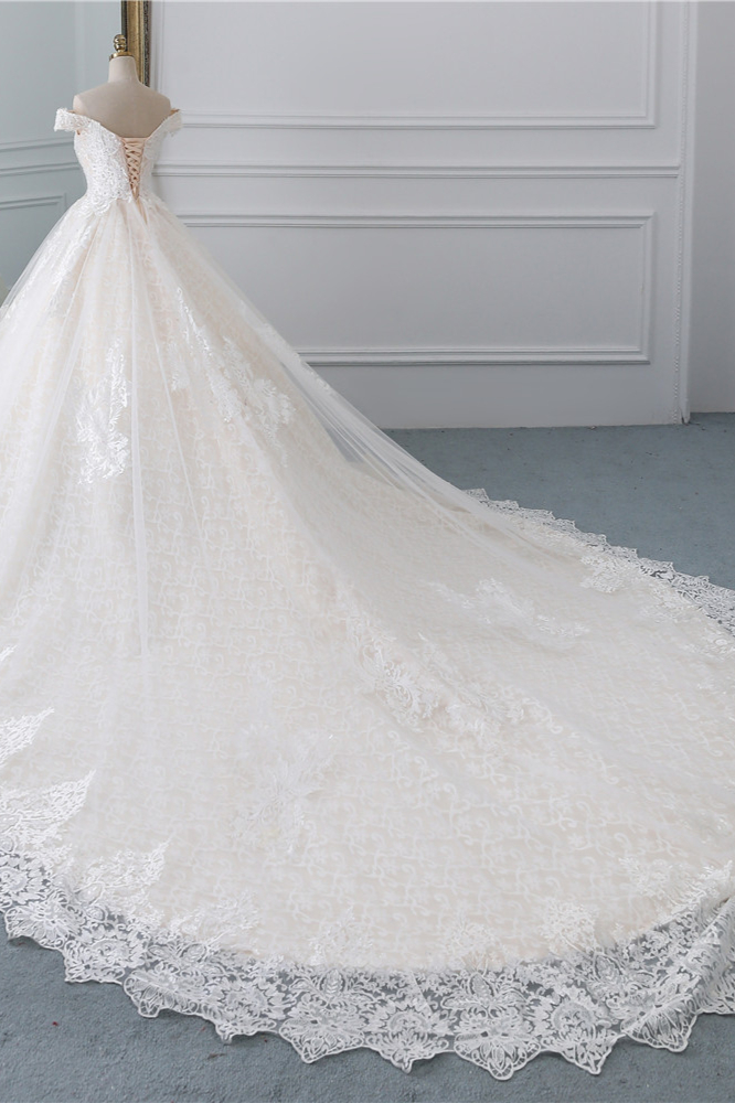 A-line Off-the-shoulder Sweetheart Neck Floor-length Tulle Wedding Dress With Lace 3