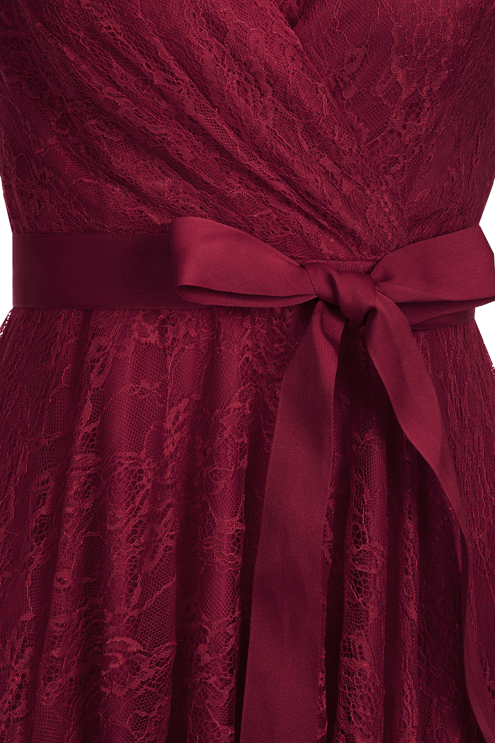 A-line V-neck Short Sleeves Knee-length Lace Bridesmaid Dress With Ribbons 12