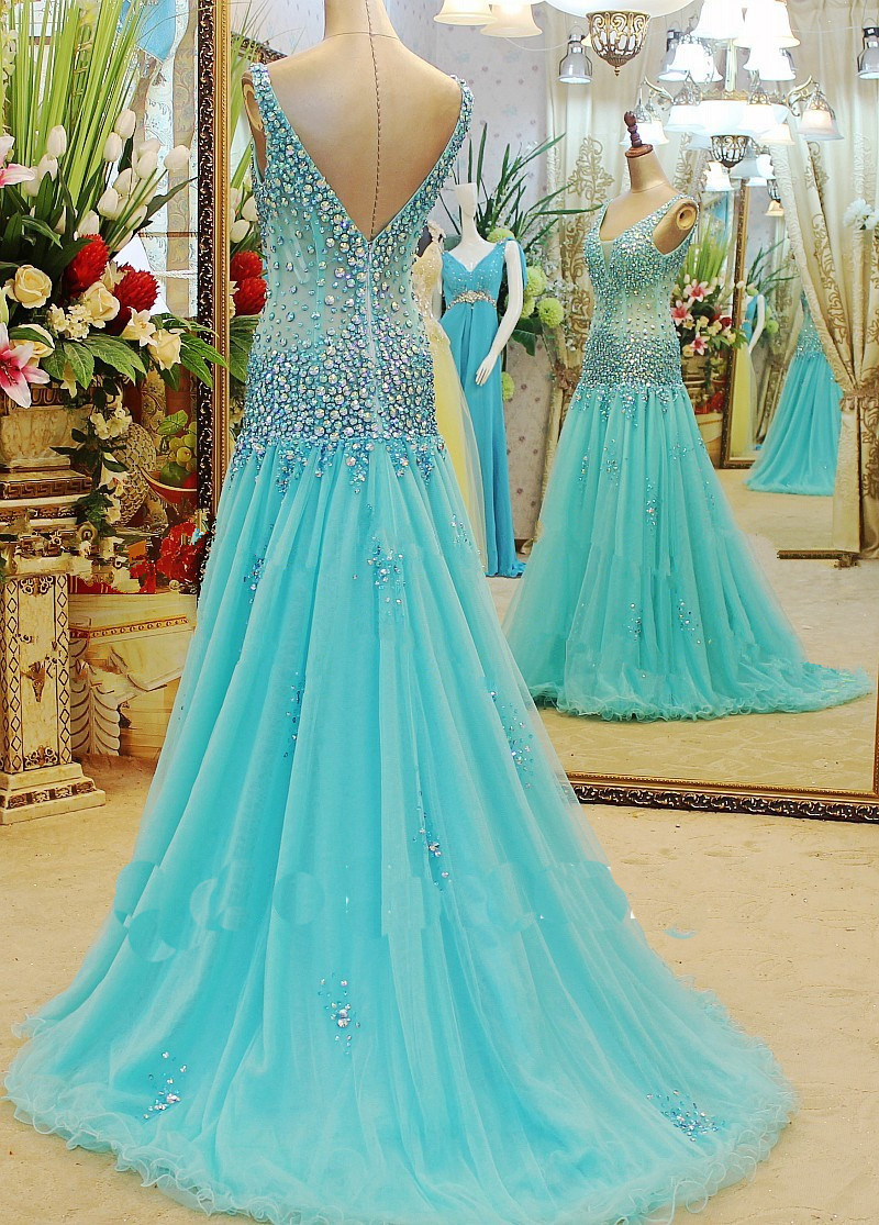 Mermaid Sleeveless Sweep / Brush Train Organza Formal Dress With Crystal 2