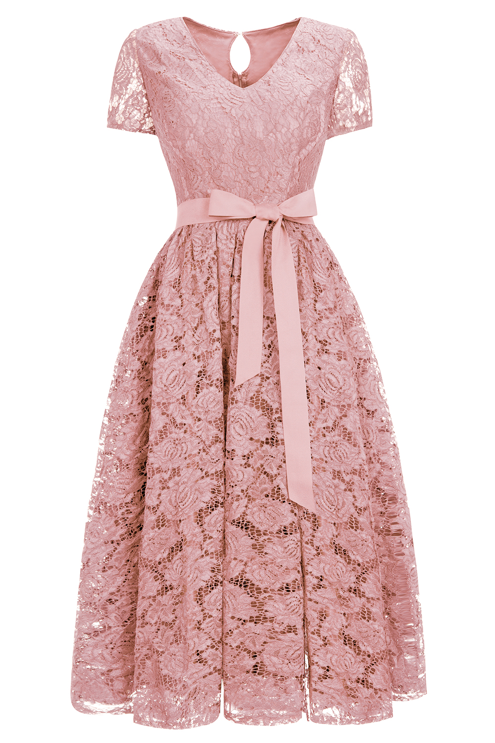 A-line V-neck Short Sleeves Tea-length Lace Bridesmaid Dress With Ribbons 3