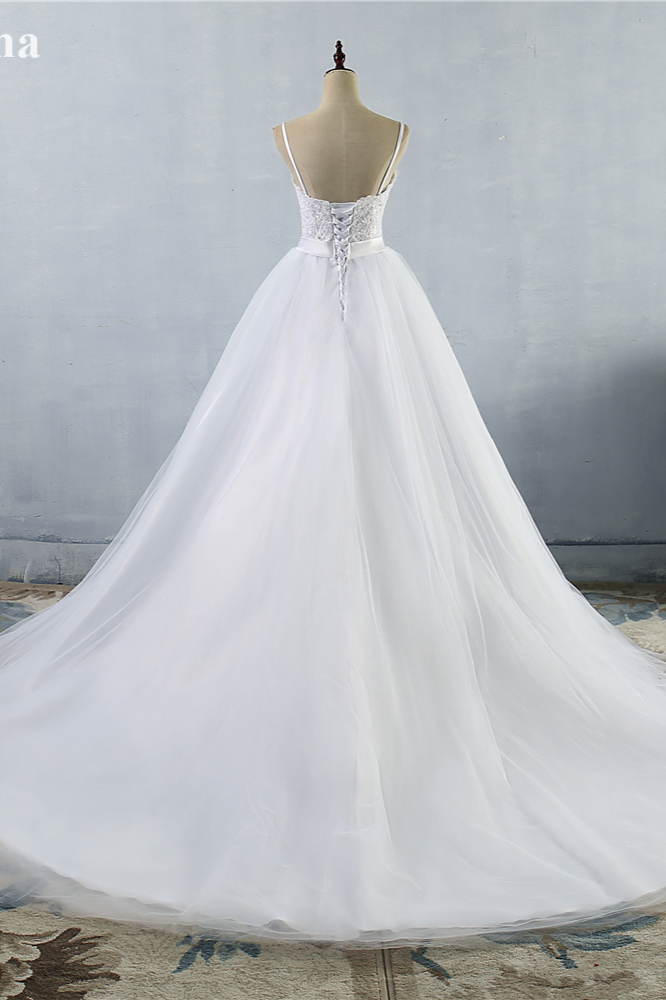 A-line Spaghetti Straps Sweetheart Neck Floor-length Tulle Bridal Gown With Appliques 2