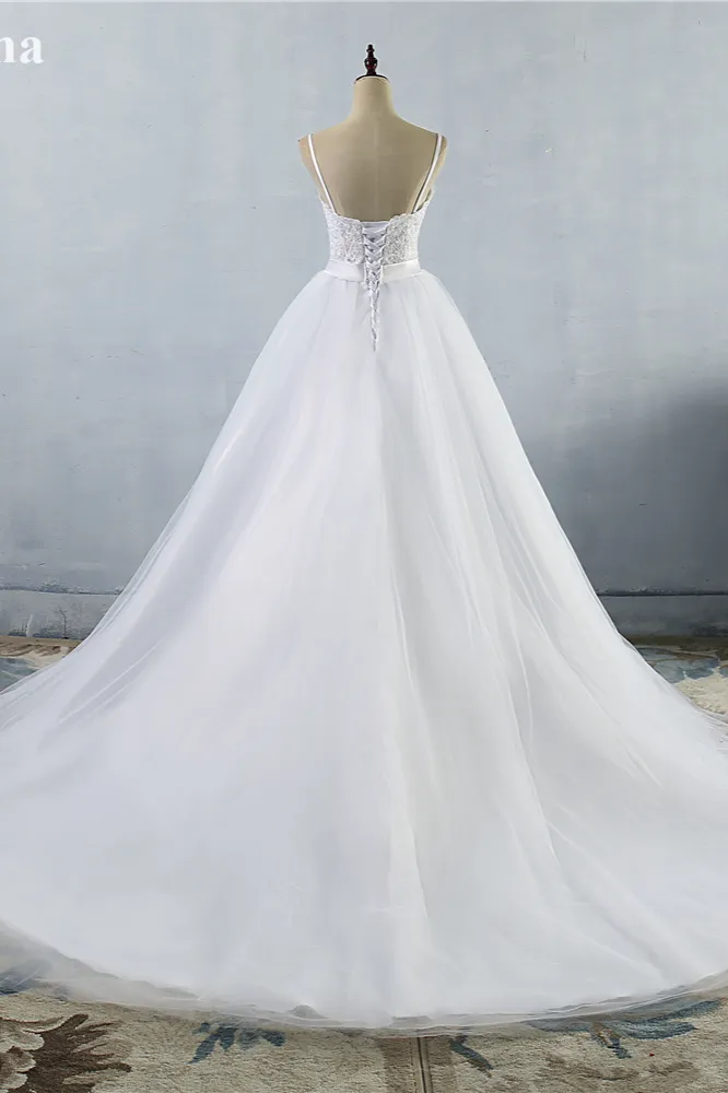 A-line Spaghetti Straps Sweetheart Neck Floor-length Tulle Bridal Gown With Appliques 2