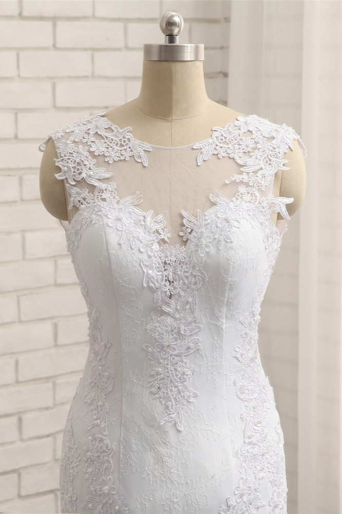 Mermaid Jewel Neck Sleeveless Floor-length Stretch Satin Wedding Dress With Lace 4