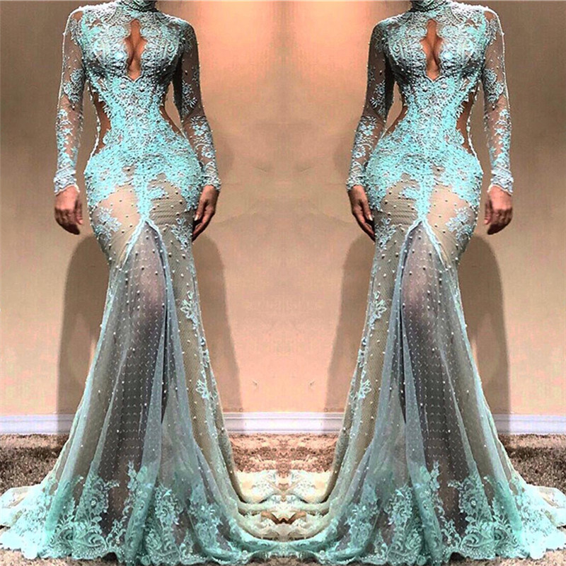 Mermaid High Neck Sweep / Brush Train Formal Dress With Appliques 2