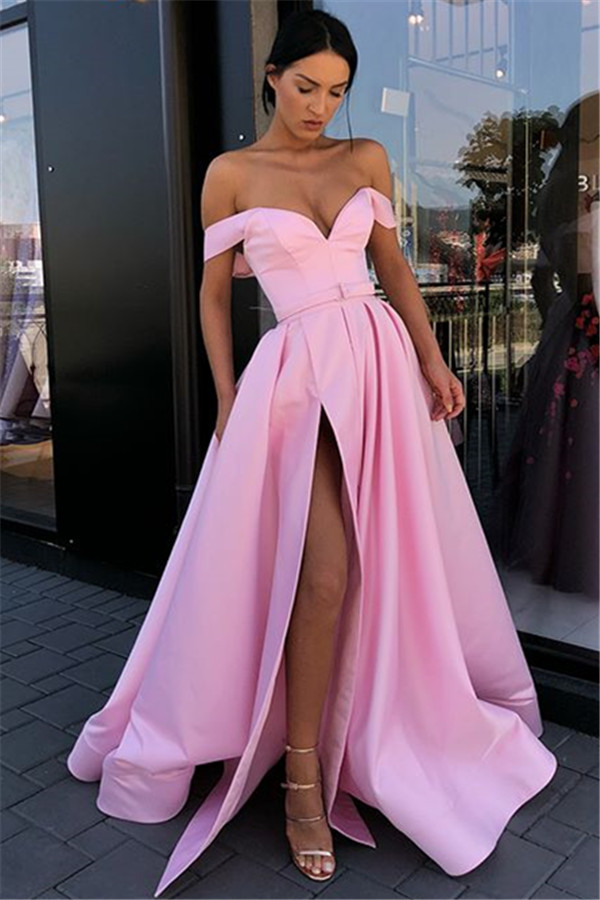 A-line Off-the-shoulder Sleeveless Sweep / Brush Train Evening Dress With Split Front 2