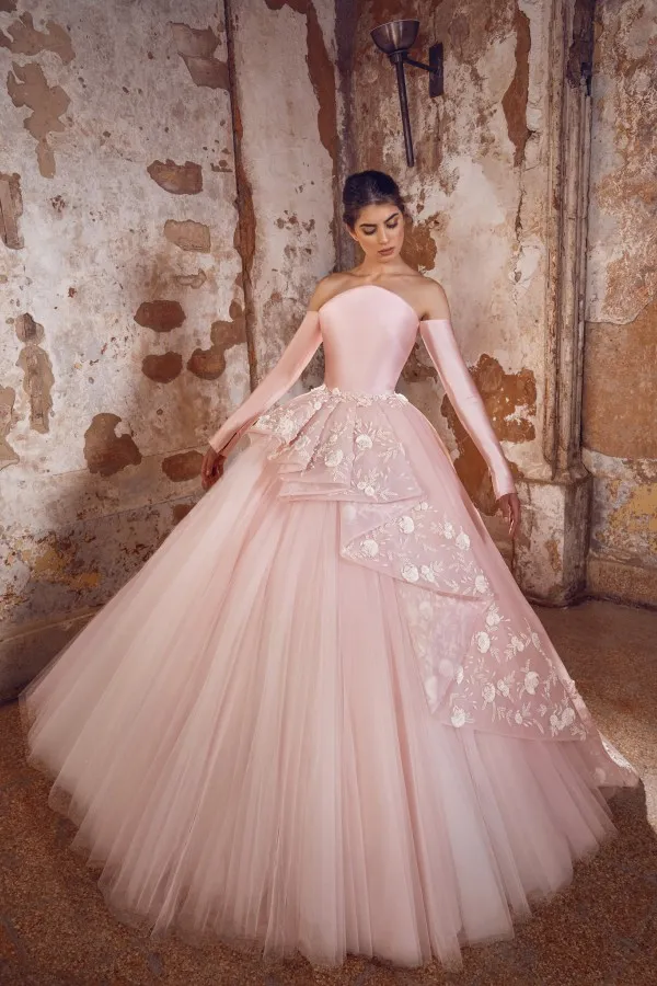 A-line Off-the-shoulder Long Sleeves Floor-length Tulle Formal Dress With Ruffles 1