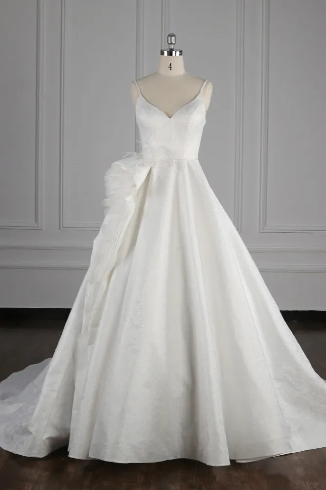 A-line Spaghetti Straps V-neck Sleeveless Floor-length Satin Bridal Dress With Ruffles 1
