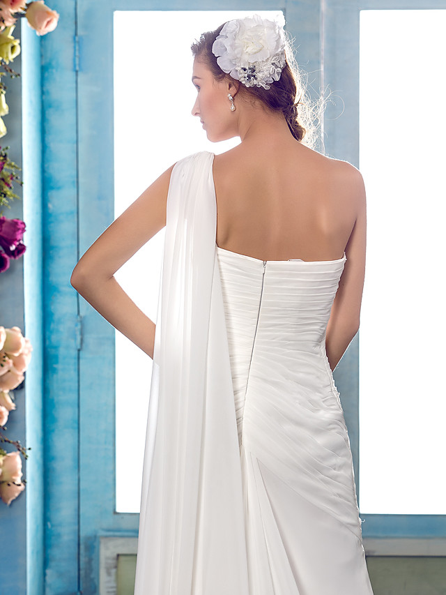 Column Straps One Shoulder Sweep / Brush Train Tulle Bridal Gown With Lace 6