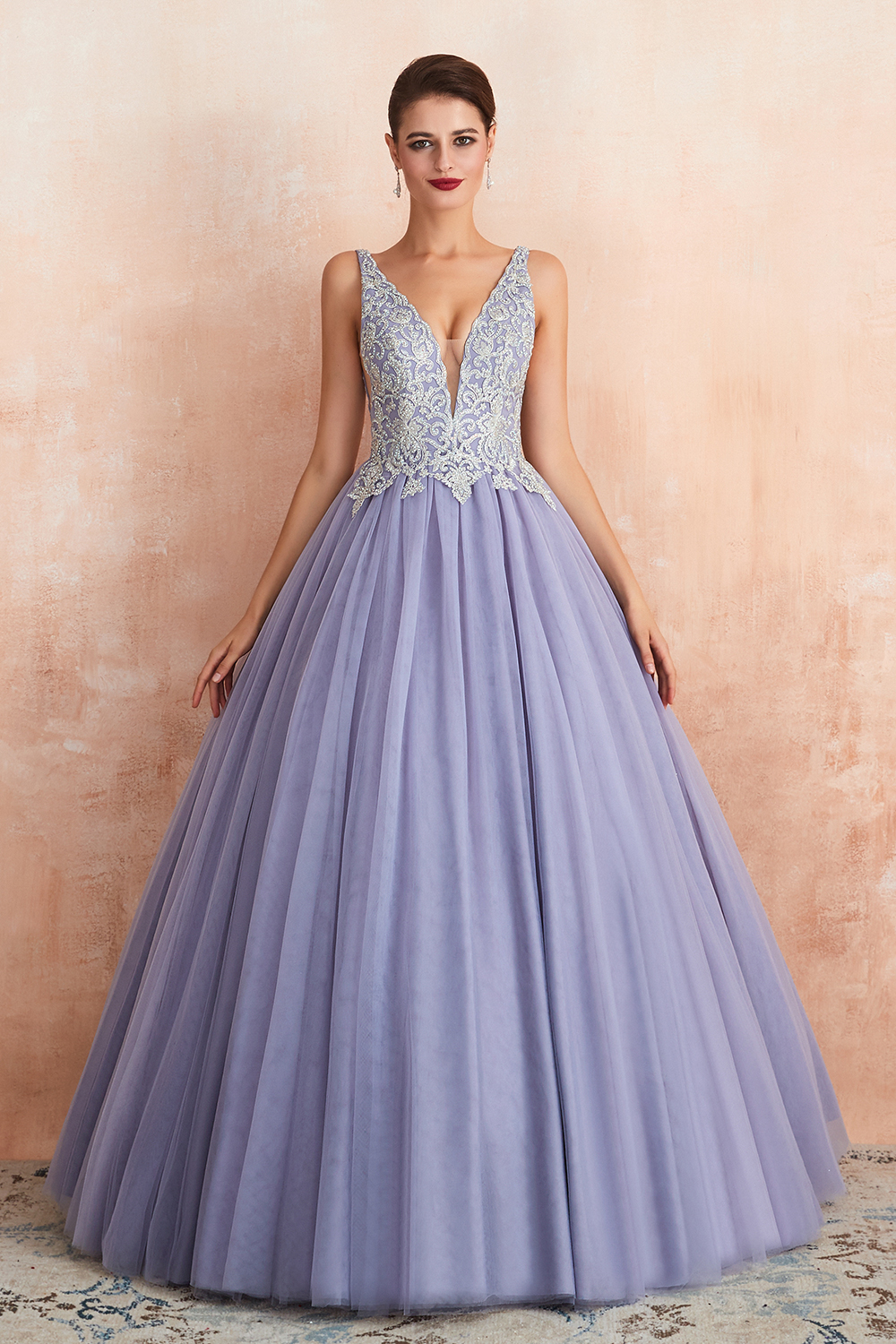 A-line Plunging Neckline Sleeveless Sweep / Brush Train Tulle Formal Wear With Rhinestone 3