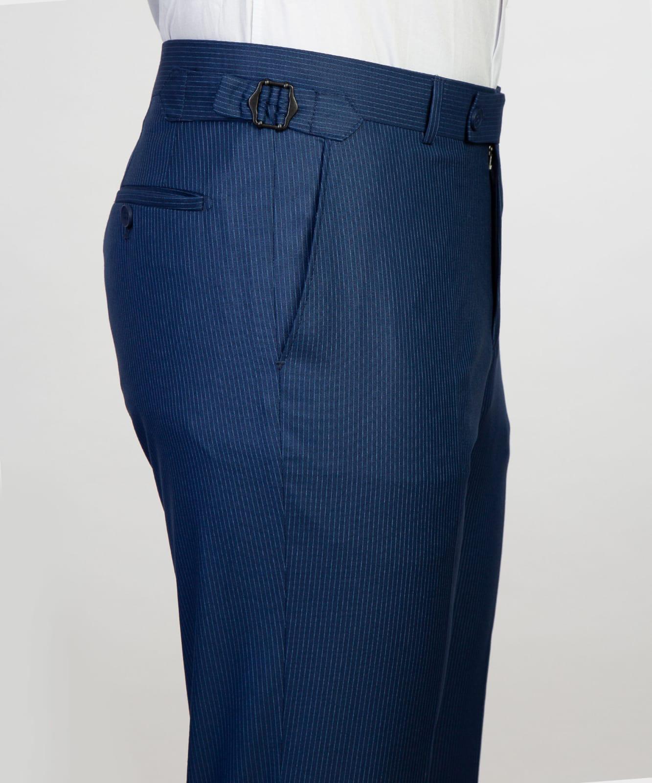 Dark Blue Stripe Double Breasted Business Men Suit with Peaked Lapel 5