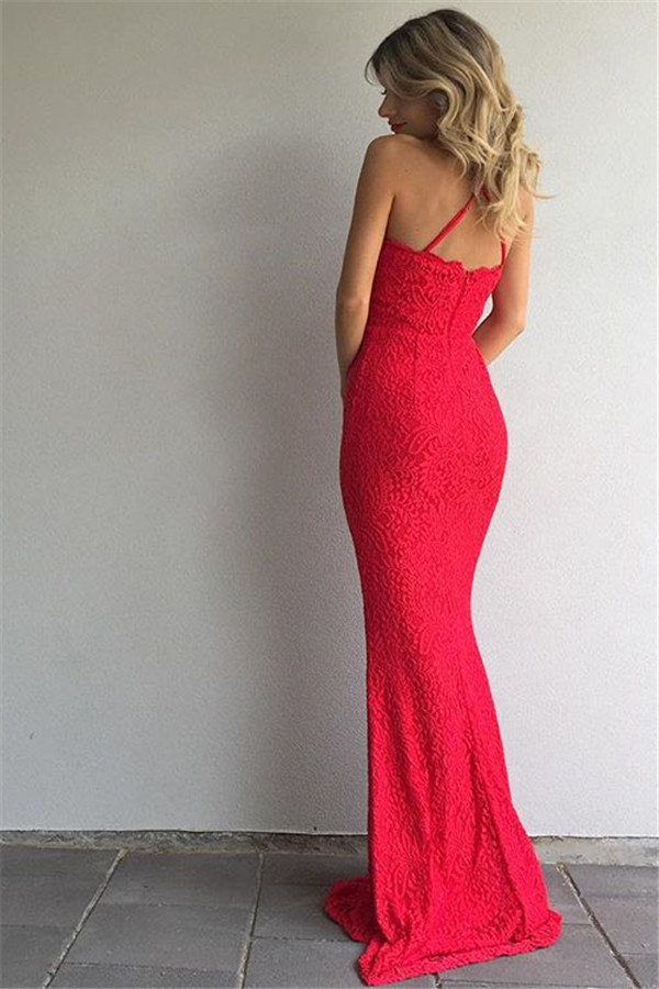 Column Spaghetti Straps Sleeveless Floor-length Evening Dress With Lace 2