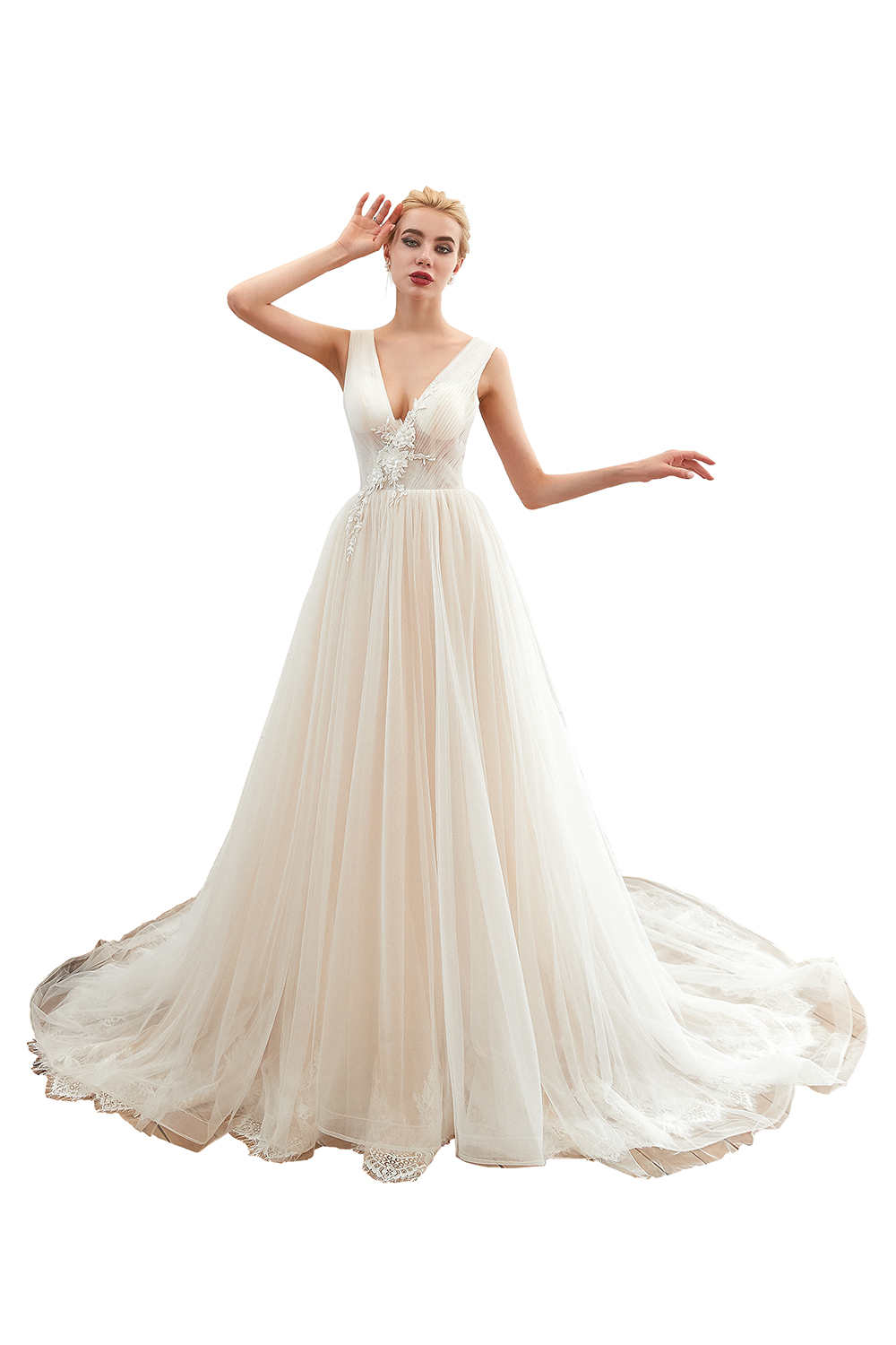 A-line V-neck Sleeveless Chapel Train Tulle Wedding Gown With Rhinestone 3