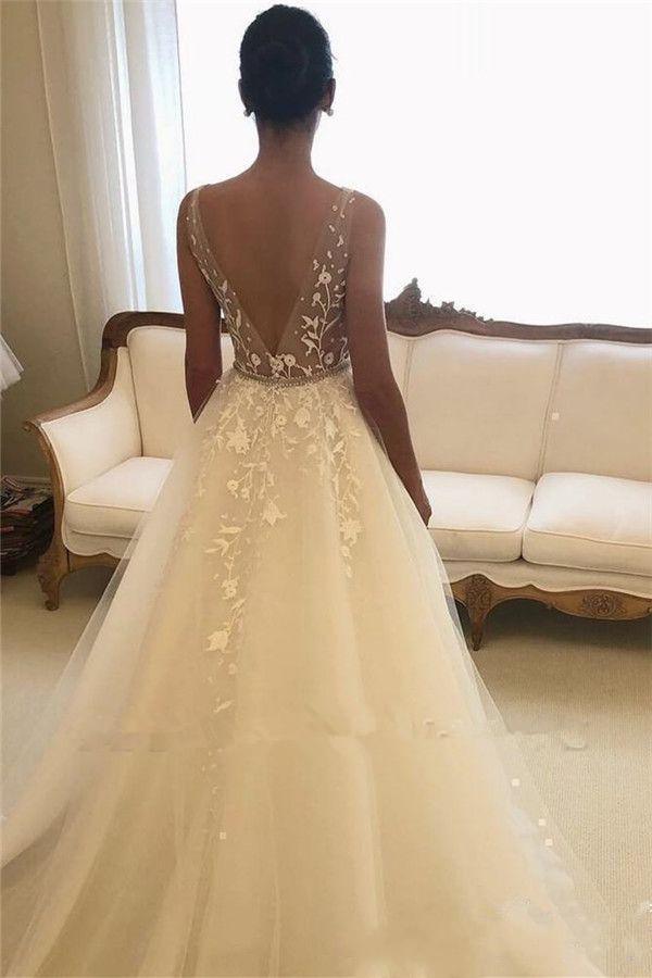 A-line V-neck Sleeveless Chapel Train Tulle Bridal Gown With Lace 3