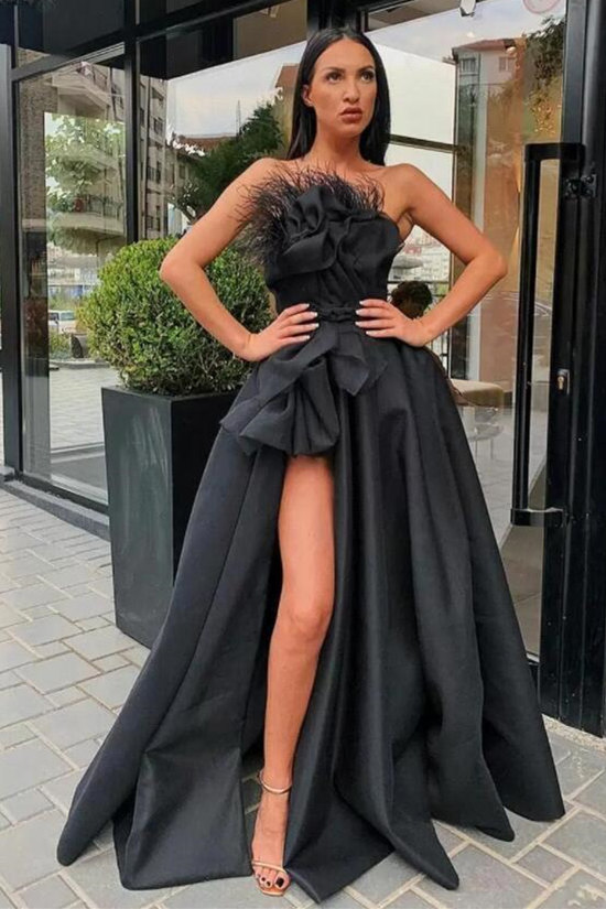 A-line Strapless Sleeveless Floor-length Satin Evening Gown With Split Front 1