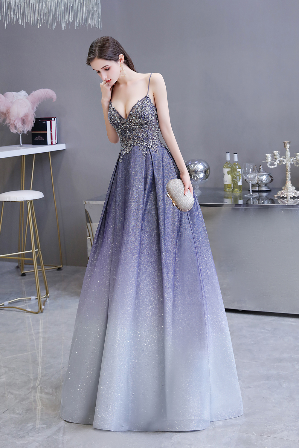 A-line Spaghetti Straps V-neck Sleeveless Sweep / Brush Train Satin Formal Dress With Appliques 5