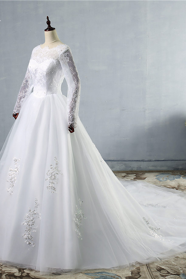 A-line Jewel Neck Long Sleeves Floor-length Tulle Bridal Dress With Appliques 4