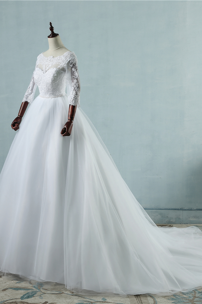 A-line 3/4-Length Sleeves Floor-length Tulle Bridal Dress With Appliques 3