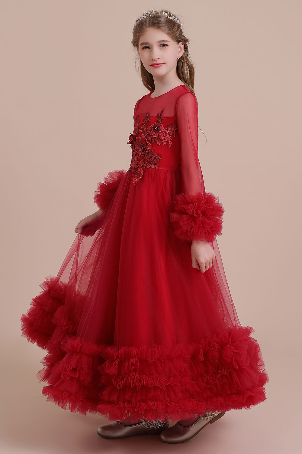 A-line Jewel Neck Long Sleeves Ankle-length Tulle Flower Girl Dress With Cascading Ruffle 6