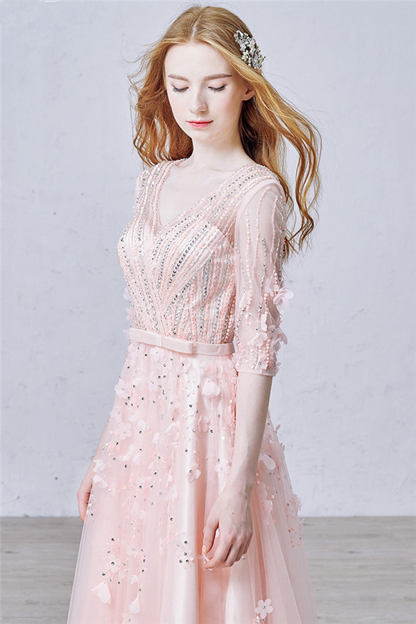 A-line V-neck Half-Sleeves Floor-length Tulle Evening Dress With Flower(s) 3