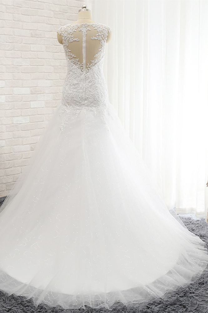 Mermaid Jewel Neck Short Sleeves Court Train Stretch Satin Wedding Dress With Appliques 2