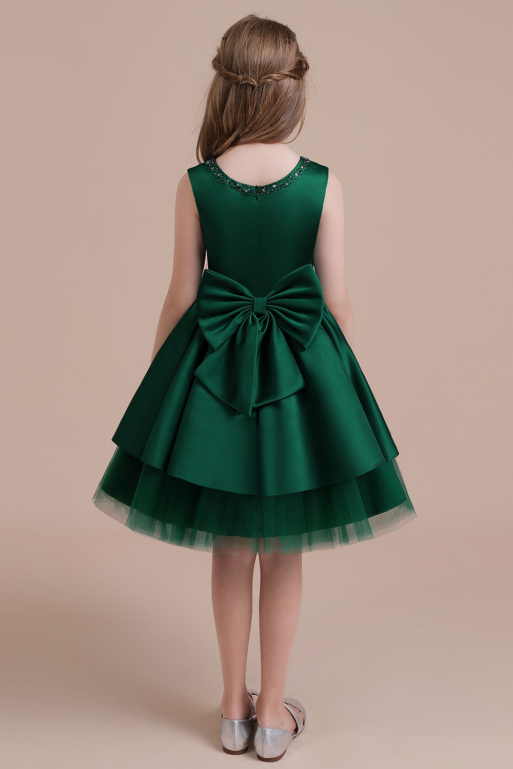 A-line Jewel Neck Sleeveless Knee-length Satin Flower Girl Dress With Bow 2