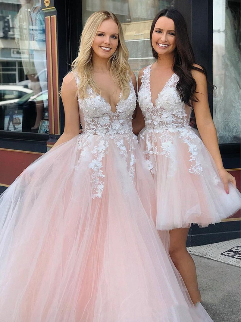 A-line V-neck Sleeveless Floor-length Tulle Evening Dress With Lace 2