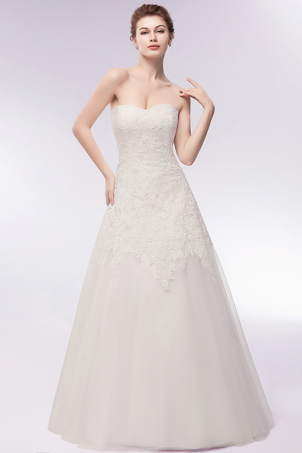 A-line Strapless Sweetheart Neck Sleeveless Floor-length Tulle Bridal Gown With Lace 6