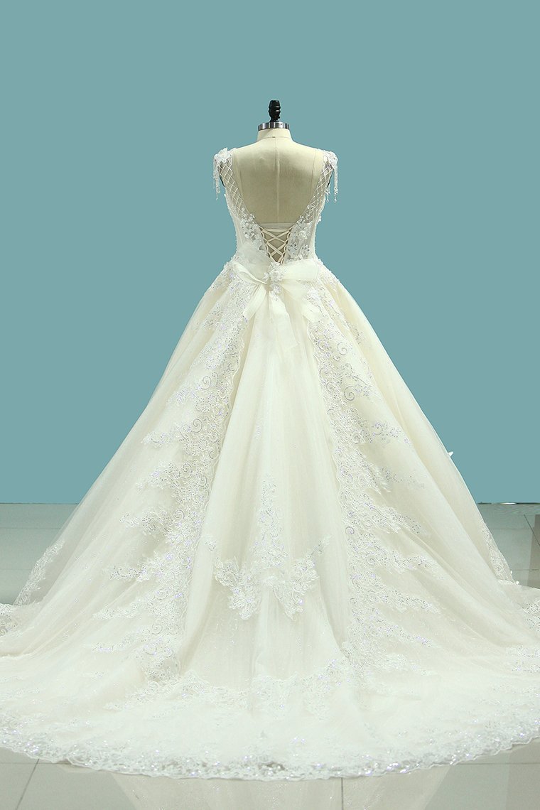 Ball Gown Jewel Neck Sleeveless Floor-length Tulle Wedding Dress With Bow 2