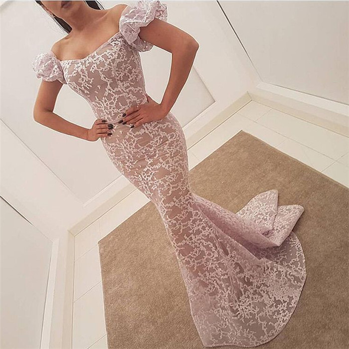 Mermaid Off-the-shoulder Sleeveless Sweep / Brush Train Evening Gown With Lace 2