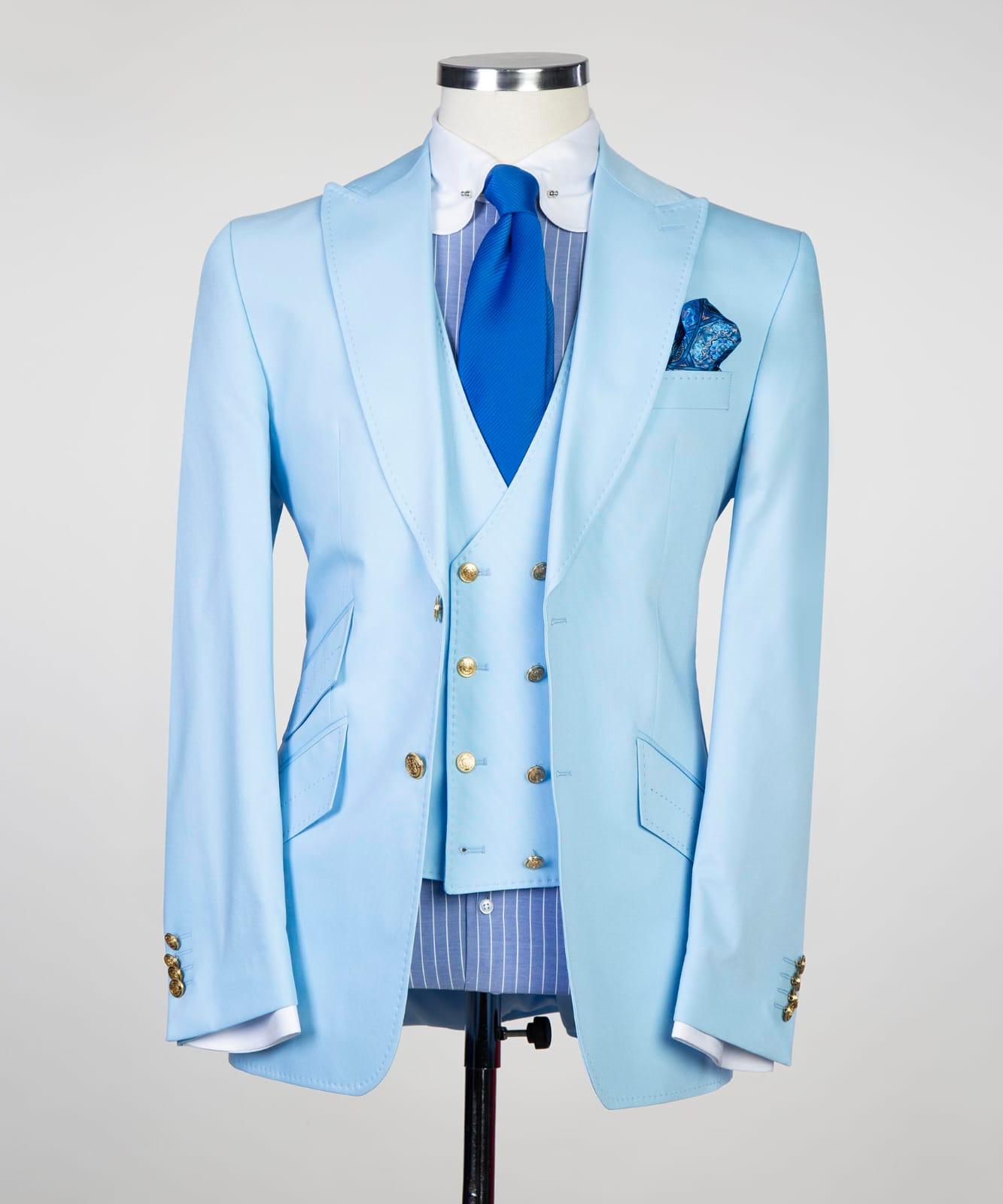 Sky Blue Three Pieces Slim Fit Men Suit with Peaked Lapel 4