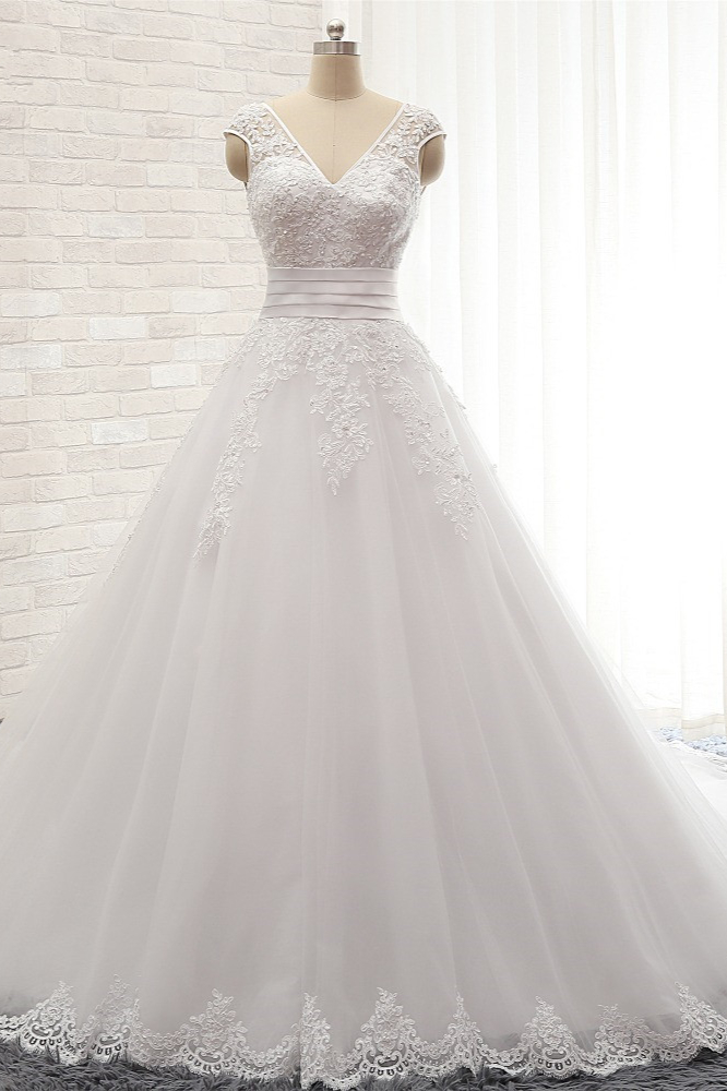 A-line Straps V-neck Court Train Tulle Wedding Gown With Appliques 1