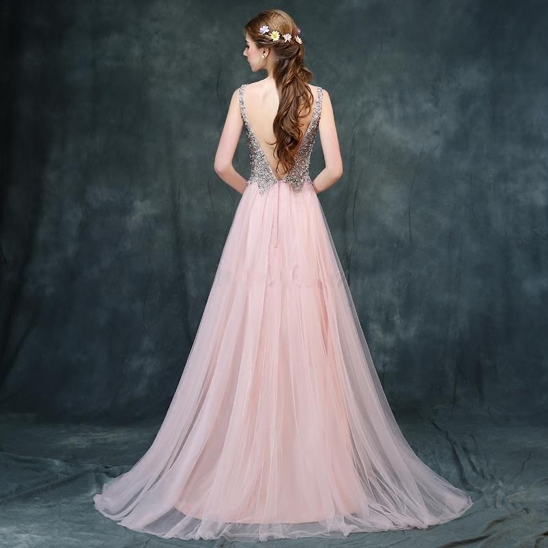 A-line V-neck Sleeveless Court Train Tulle Formal Dress With Beading 3