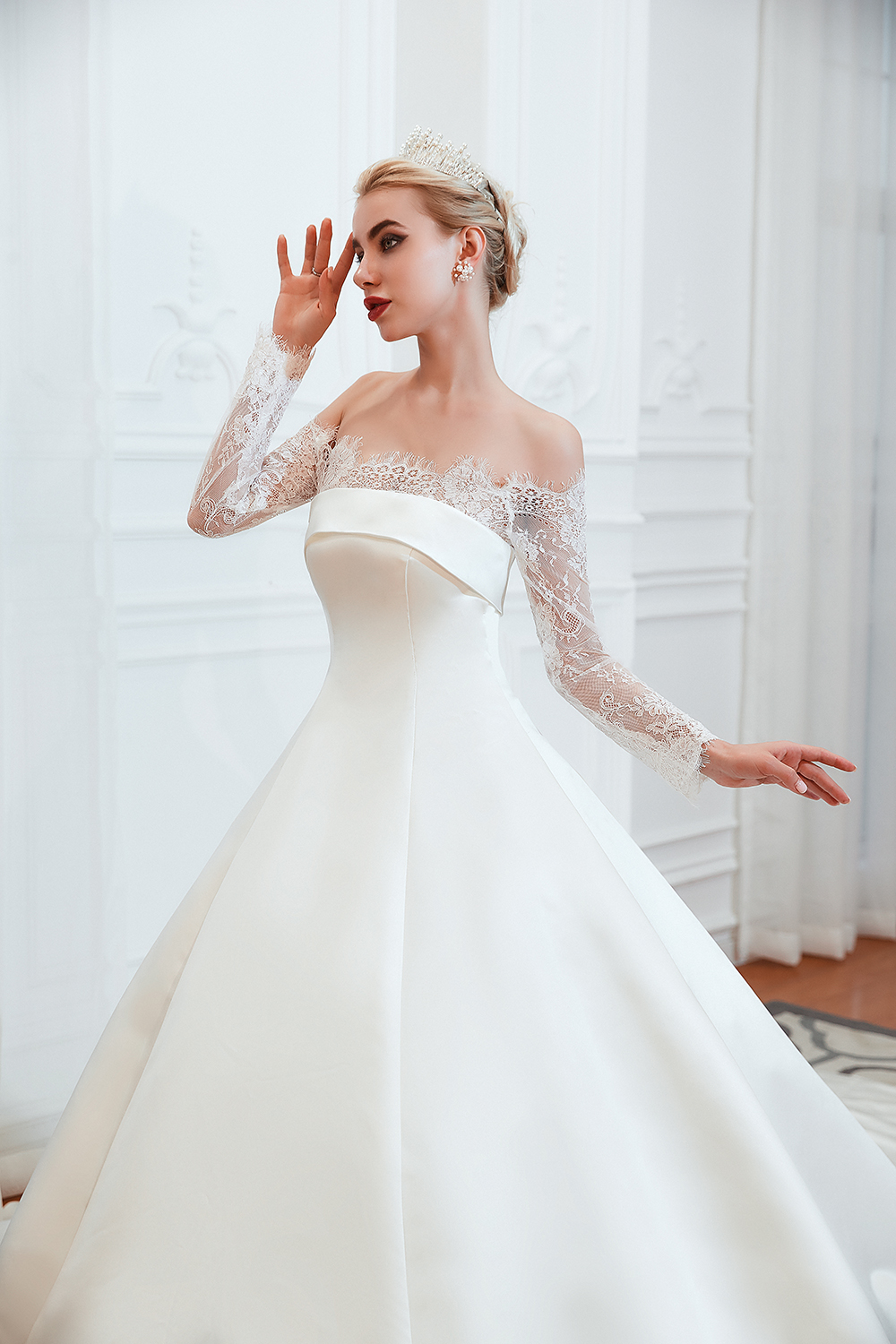 Bateau Neck Long Sleeves Cathedral Train Satin Wedding Gown With Lace 5