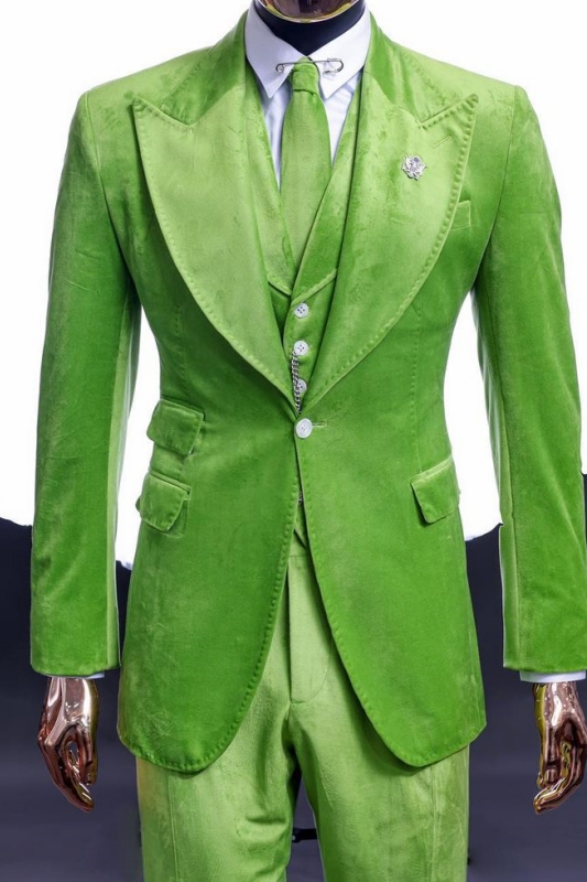 Slim Fit Apple Green Velvet 3-Piece Suit with Peaked Lapel 1