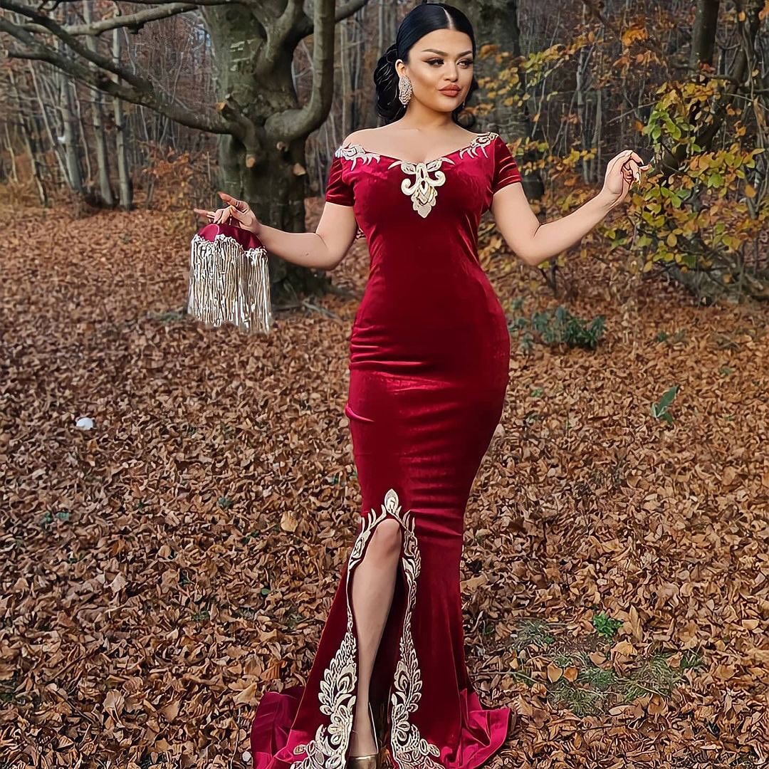 Mermaid Sweetheart Neck Short Sleeves Floor-length Velvet Evening Dress With Detachable Train 2