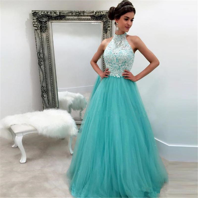 A-line High Neck Sleeveless Sweep / Brush Train Tulle Evening Dress With Lace 2