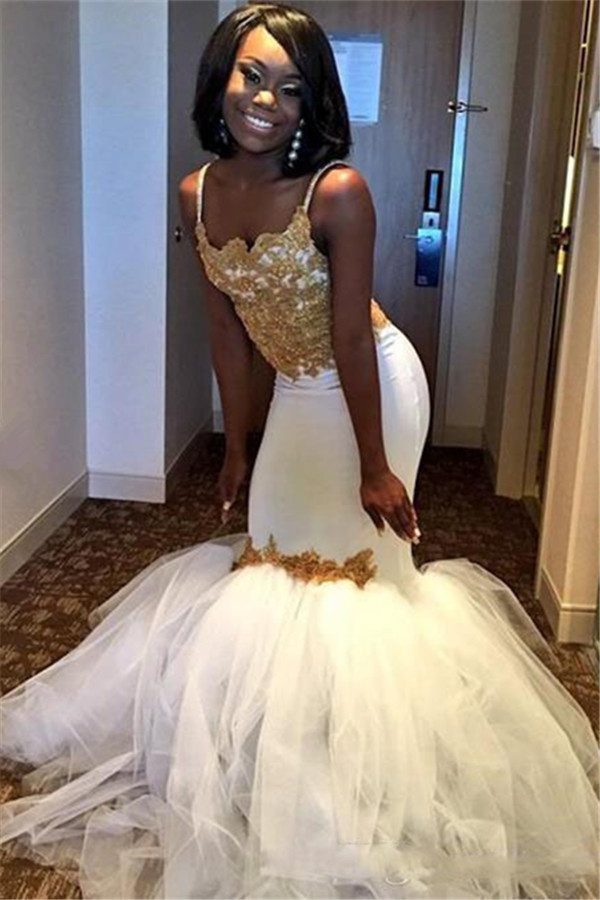 Mermaid Spaghetti Straps Sleeveless Sweep / Brush Train Tulle Formal Dress With Appliques 2